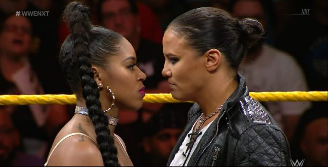 On January 16th, nXt Women's Champion Shayna Baszler and #1 Contender Bianca Belair stand face to face during a confrontation in the ring at Full Sail.