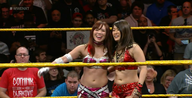 Shirai and Sane smile, following their match on January 23, 2019, nXt TV.