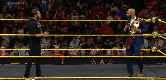Johnny Gargano & Ricochet stare one another down as they verbally spar in the ring on January 9th's nXt show.