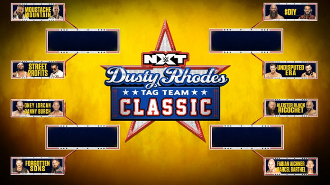 The brackets for the 2019 Dusty Rhodes Tag Team Classic are shown here, from a TV graphic.