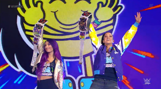 Sasha Banks and Bayley return to FSU with the Women's Tag Titles.
