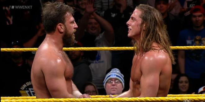Gulak and Riddle shake hands, following their Feb 6 match on nXt TV.