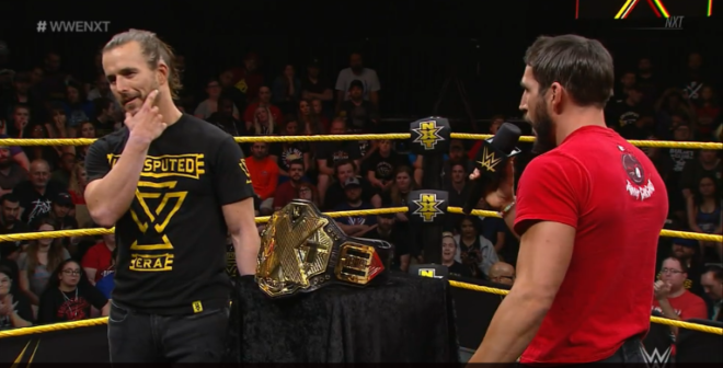 Cole and Gargano share words prior to their TakeOver: New York match in March 2019.