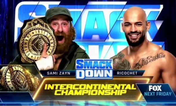Sami Zayn with cap and thick red beard, clutching the Intercontinental Championship over his right shoulder squares off with Ricochet in a Friday Night Smackdown Intercontinental Championship promo screen.