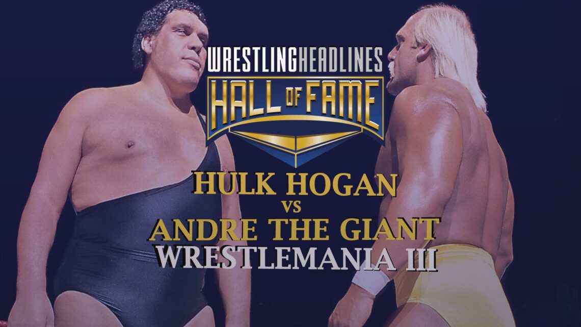 At left, Andre the Giant, wearing a single shoulder-strap black singlet stares down Hulk Hogan, at right, wearing yellow trunks, at Wrestlemania III