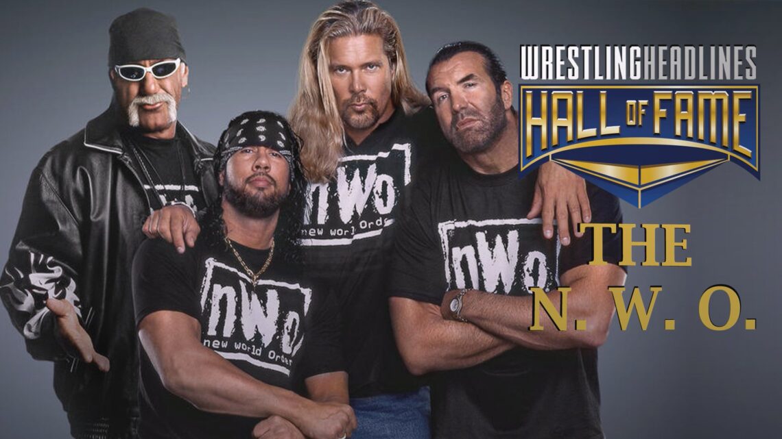 From left to right, Hollywood Hulk Hogan, Syxx (Sean Waltman), Kevin Nash and Scott Hall. Nash has his arms around Hall and Waltman. They are all wearing nWo t-shirts. Hogan is wearing a black leather jacket over his and a black bandana.