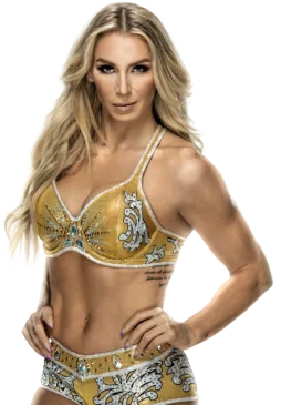 Charlotte is wearing a gold bra for wrestling with silver trim; same for underwear. Her long, blonde hair is partly over her right shoulder, otherwise behind her head. 